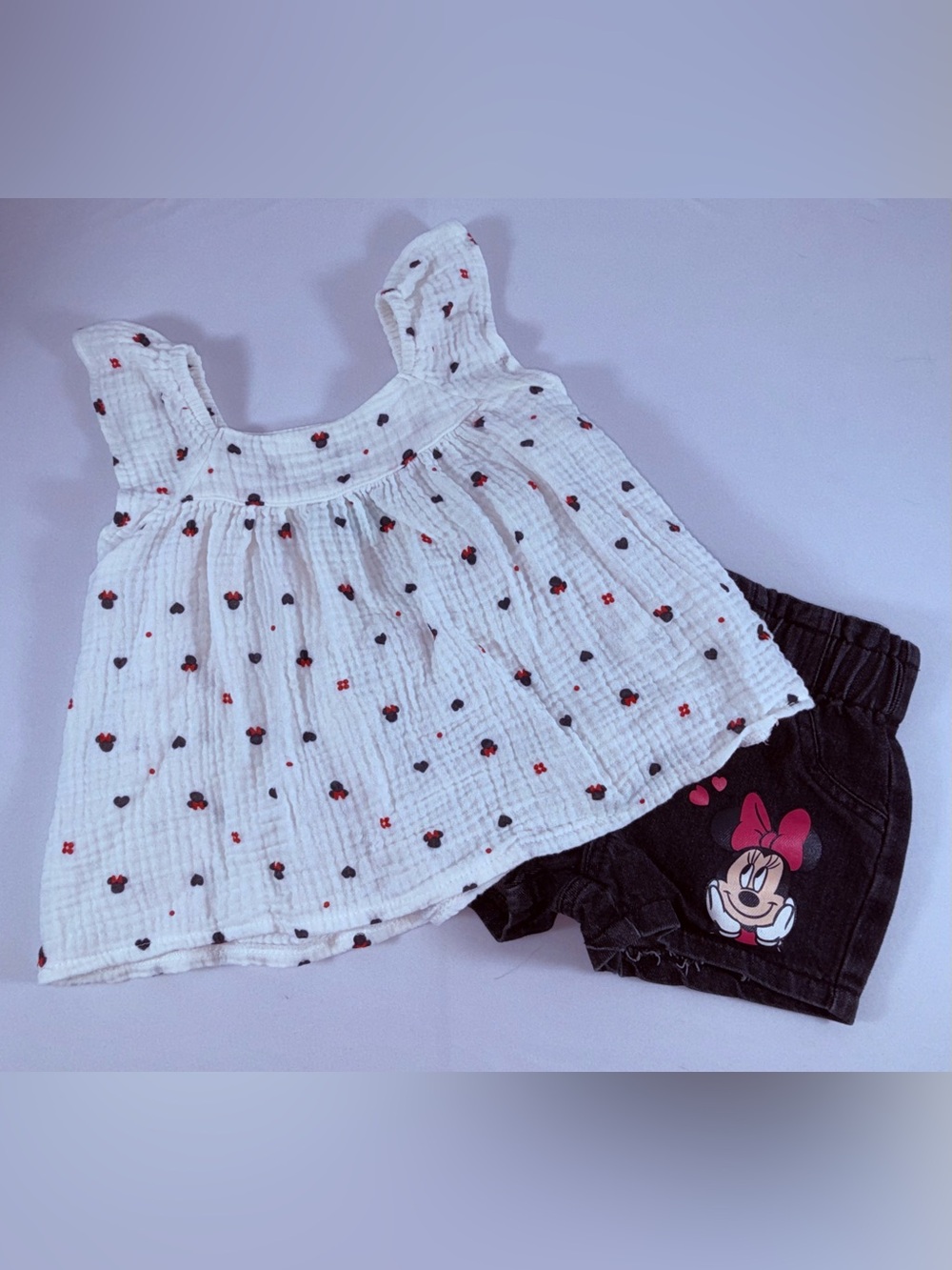 Disney Baby 12M Minnie Mouse Toddler Girls 2-Piece Muslin Top & Denim Shorts Set